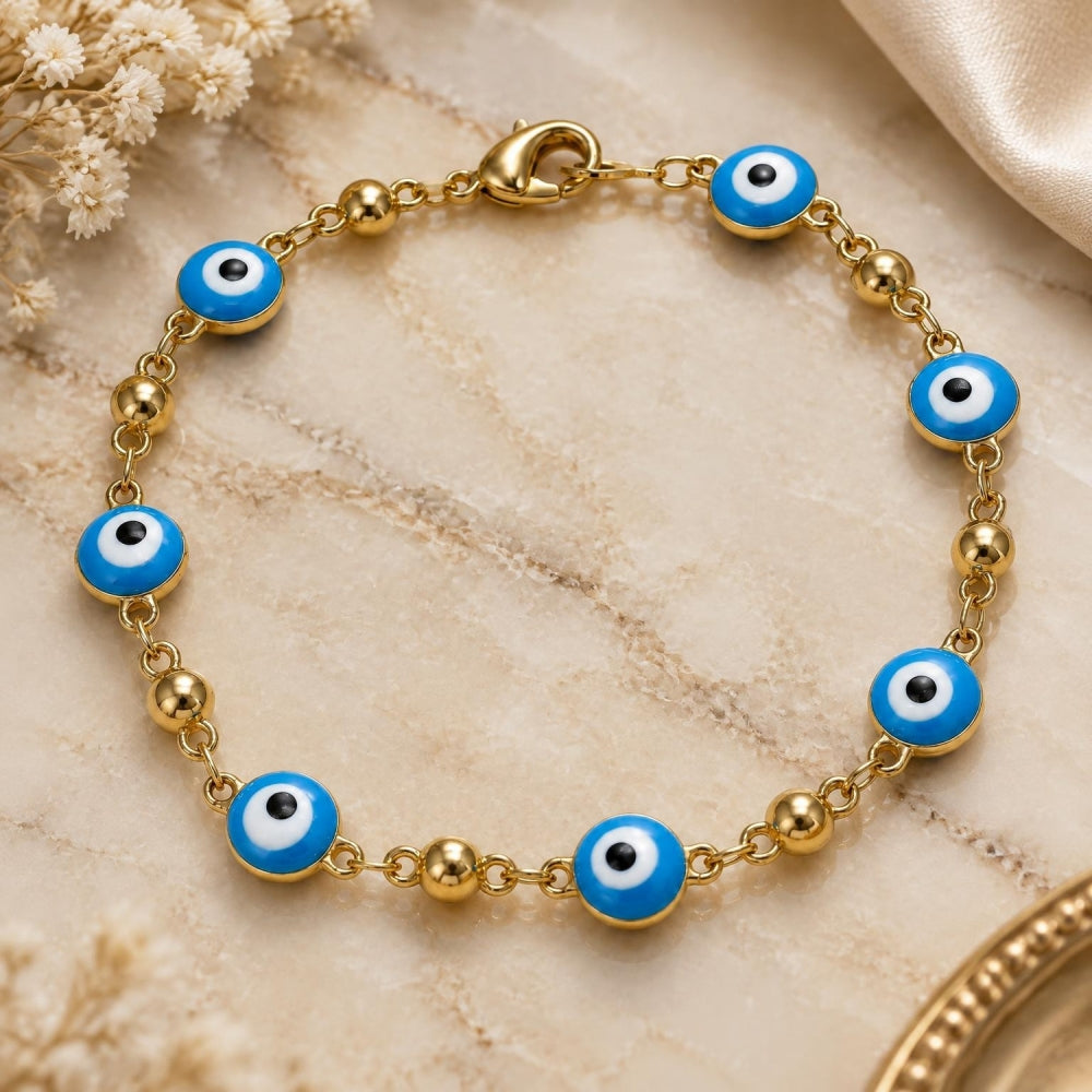 Oro Laminado Fancy Bracelet, Gold Filled Style Evil Eye Design, Turquoise Enamel Finish, Golden Finish
