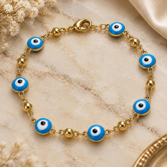 Oro Laminado Fancy Bracelet, Gold Filled Style Evil Eye Design, Turquoise Enamel Finish, Golden Finish