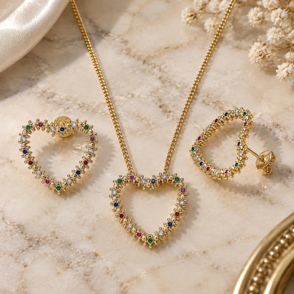 Oro Laminado Earring and Pendant Adult Set, Gold Filled Style Heart Design, with Multicolor Micro Pave, Polished, Golden Finish