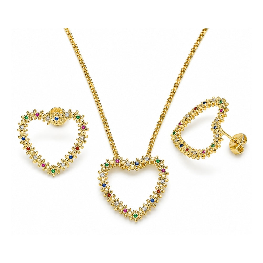 Oro Laminado Earring and Pendant Adult Set, Gold Filled Style Heart Design, with Multicolor Micro Pave, Polished, Golden Finish