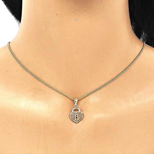 Oro Laminado Earring and Pendant Adult Set, Gold Filled Style Lock and Heart Design, with Garnet Micro Pave, Polished, Golden Finish