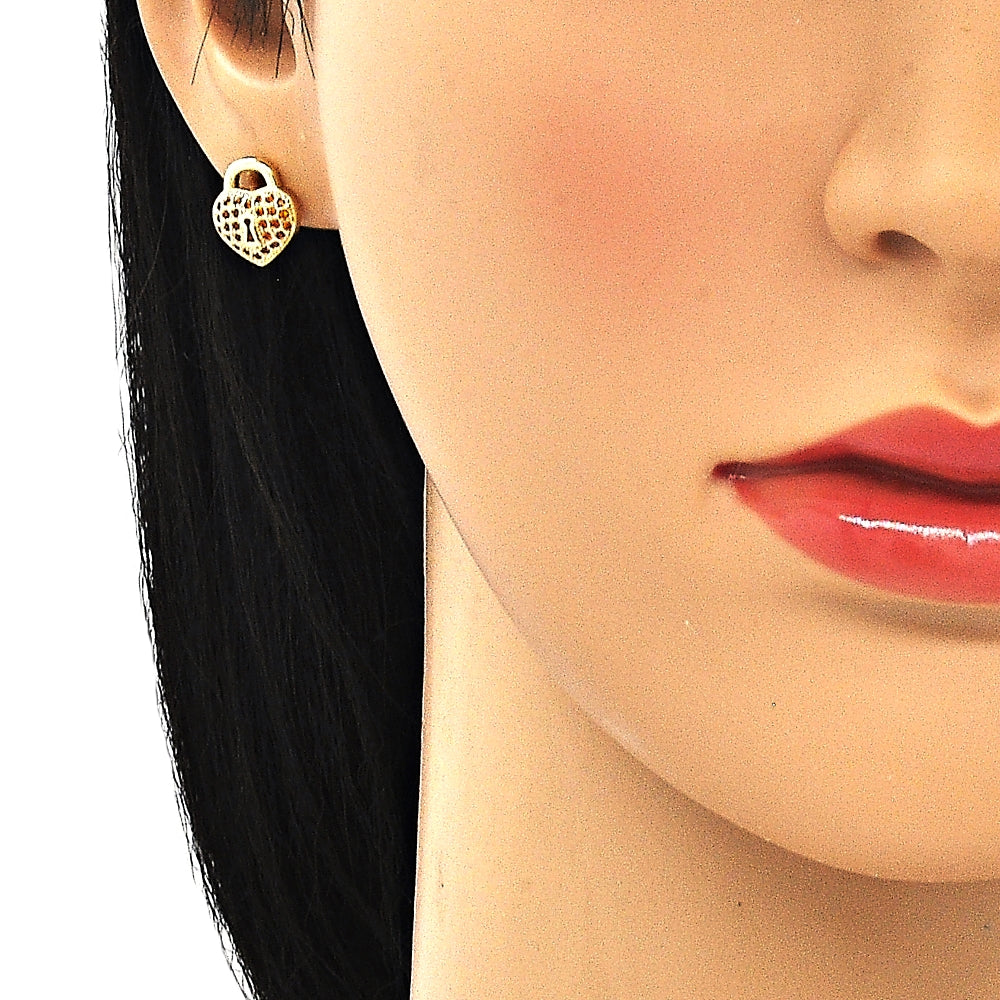 Oro Laminado Earring and Pendant Adult Set, Gold Filled Style Lock and Heart Design, with Garnet Micro Pave, Polished, Golden Finish