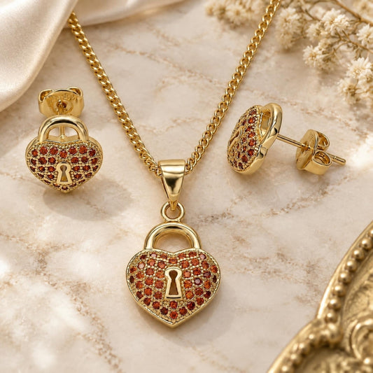Oro Laminado Earring and Pendant Adult Set, Gold Filled Style Lock and Heart Design, with Garnet Micro Pave, Polished, Golden Finish