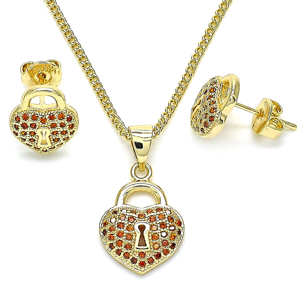 Oro Laminado Earring and Pendant Adult Set, Gold Filled Style Lock and Heart Design, with Garnet Micro Pave, Polished, Golden Finish