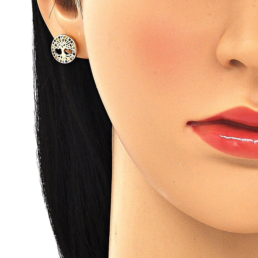 Oro Laminado Stud Earring, Gold Filled Style Tree Design, with Multicolor Micro Pave, Polished, Golden Finish
