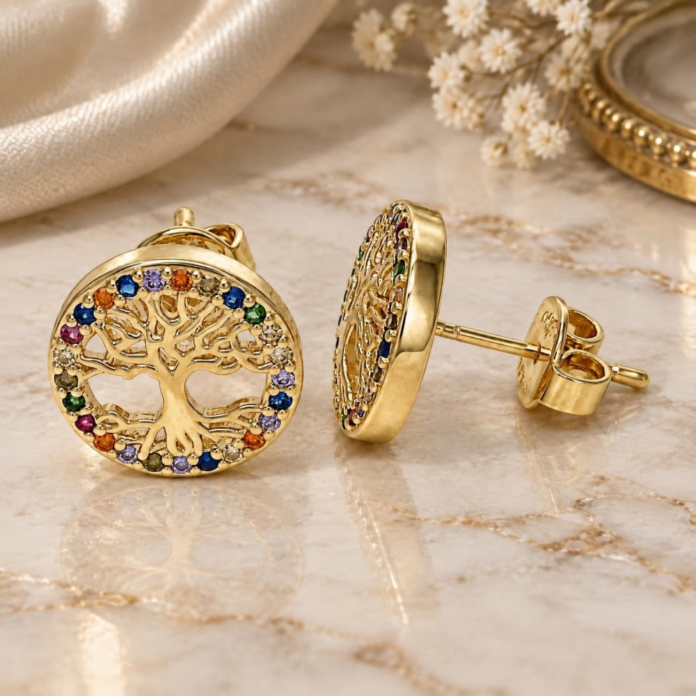 Oro Laminado Stud Earring, Gold Filled Style Tree Design, with Multicolor Micro Pave, Polished, Golden Finish