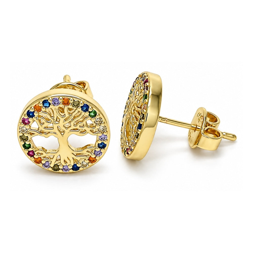 Oro Laminado Stud Earring, Gold Filled Style Tree Design, with Multicolor Micro Pave, Polished, Golden Finish