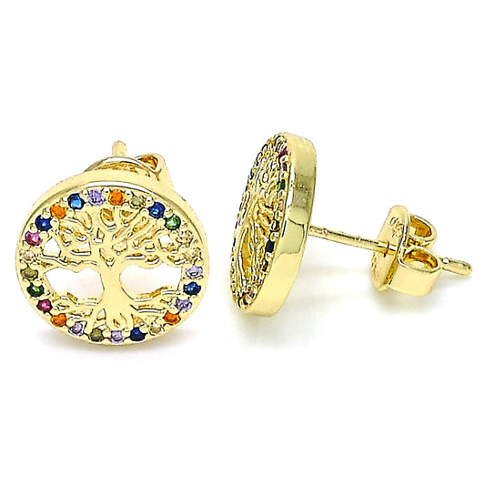 Oro Laminado Stud Earring, Gold Filled Style Tree Design, with Multicolor Micro Pave, Polished, Golden Finish