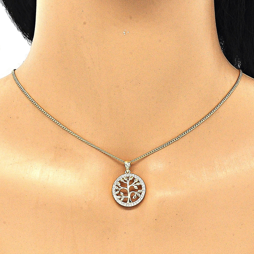 Oro Laminado Pendant Necklace, Gold Filled Style Tree Design, with White Micro Pave, Polished, Golden Finish