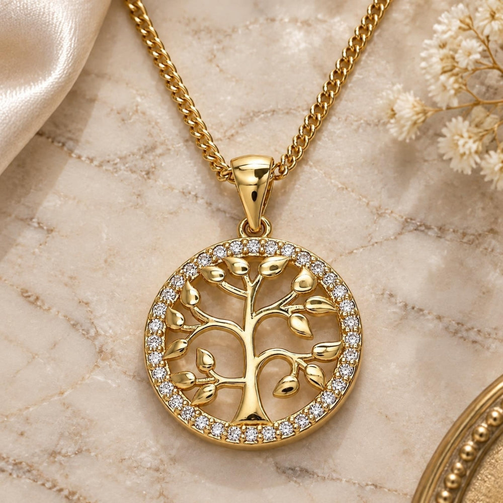 Oro Laminado Pendant Necklace, Gold Filled Style Tree Design, with White Micro Pave, Polished, Golden Finish