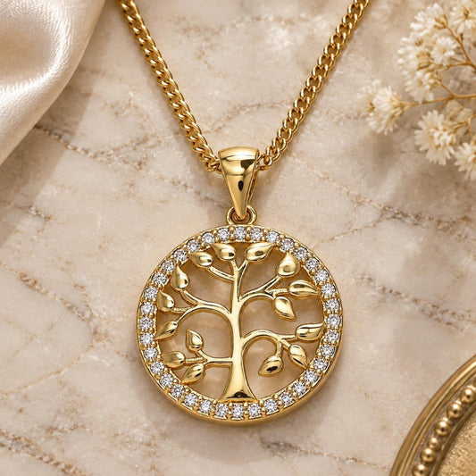 Oro Laminado Pendant Necklace, Gold Filled Style Tree Design, with White Micro Pave, Polished, Golden Finish