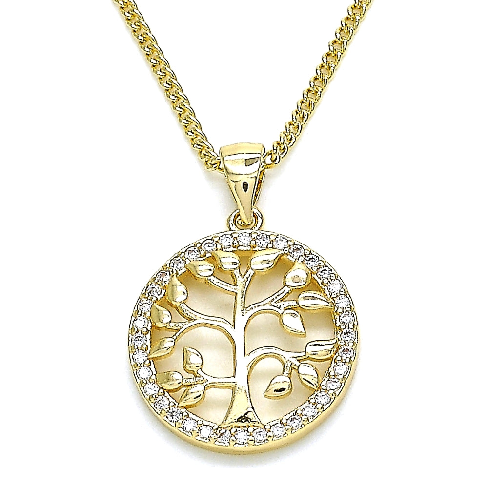 Oro Laminado Pendant Necklace, Gold Filled Style Tree Design, with White Micro Pave, Polished, Golden Finish