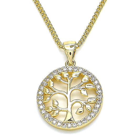 Oro Laminado Pendant Necklace, Gold Filled Style Tree Design, with White Micro Pave, Polished, Golden Finish