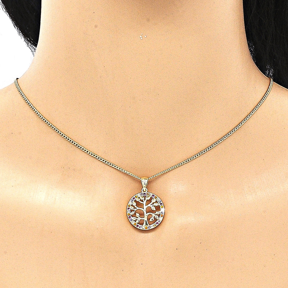 Oro Laminado Pendant Necklace, Gold Filled Style Tree Design, with Multicolor Micro Pave, Polished, Golden Finish
