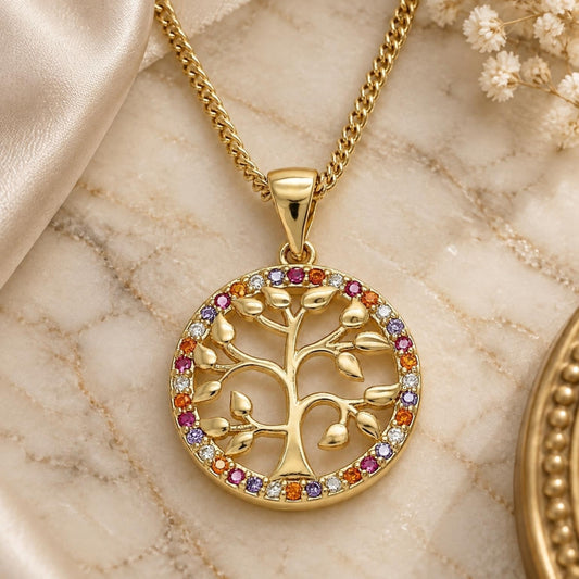 Oro Laminado Pendant Necklace, Gold Filled Style Tree Design, with Multicolor Micro Pave, Polished, Golden Finish