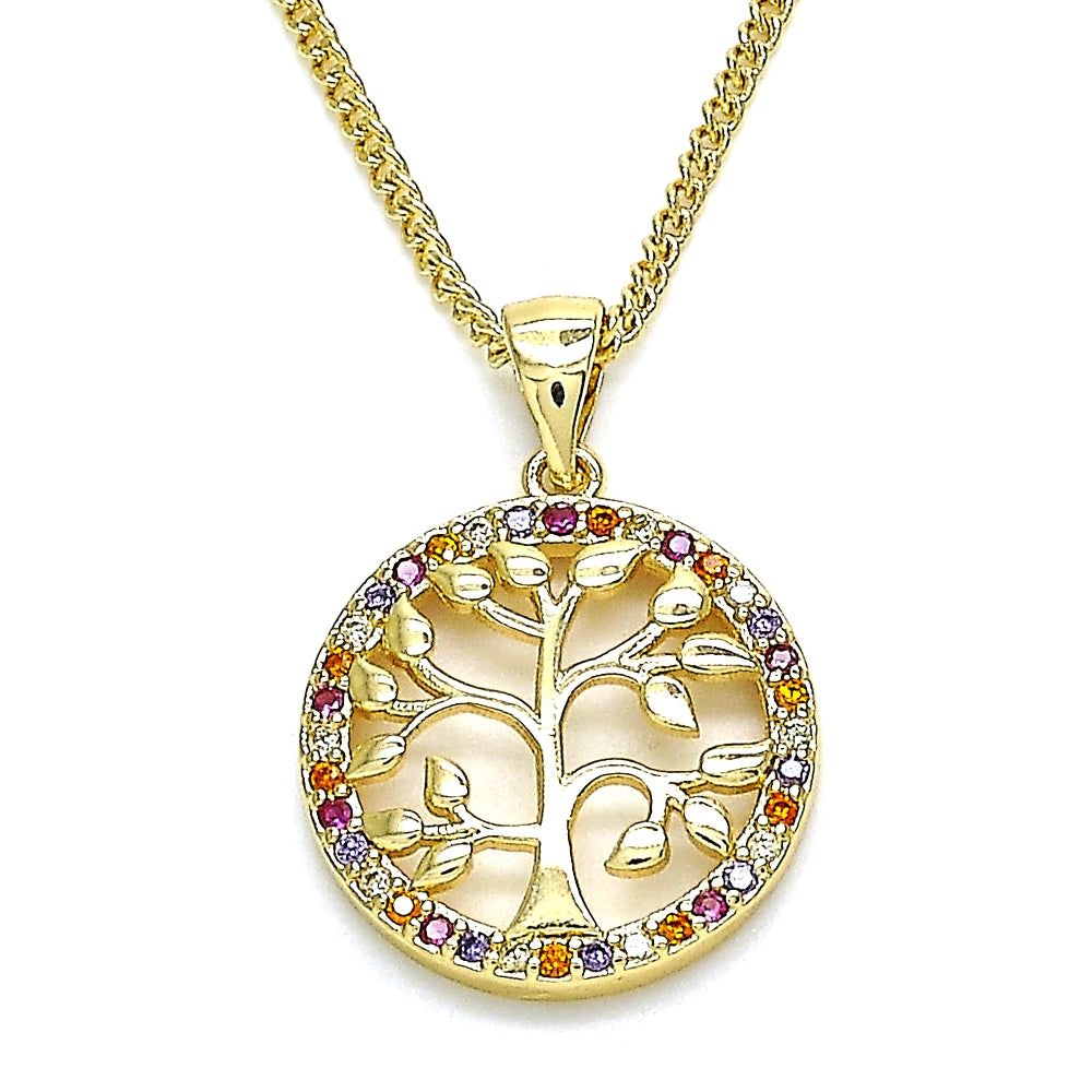 Oro Laminado Pendant Necklace, Gold Filled Style Tree Design, with Multicolor Micro Pave, Polished, Golden Finish