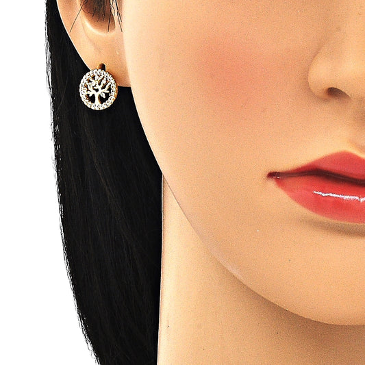 Oro Laminado Stud Earring, Gold Filled Style Tree Design, with White Micro Pave, Polished, Golden Finish