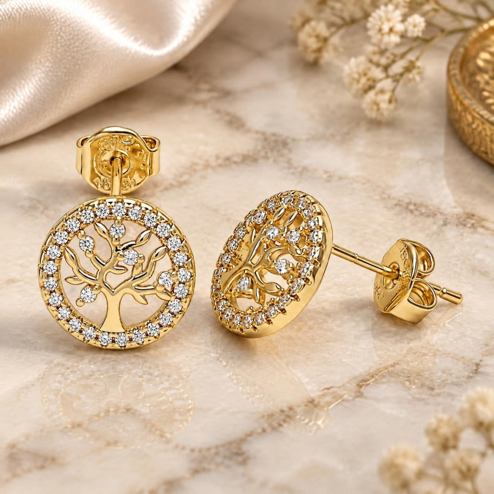 Oro Laminado Stud Earring, Gold Filled Style Tree Design, with White Micro Pave, Polished, Golden Finish