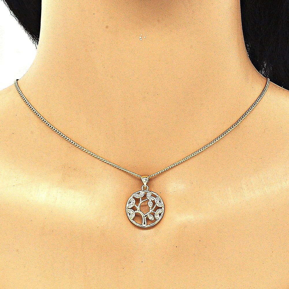 Oro Laminado Pendant Necklace, Gold Filled Style Tree Design, with White Micro Pave, Polished, Golden Finish