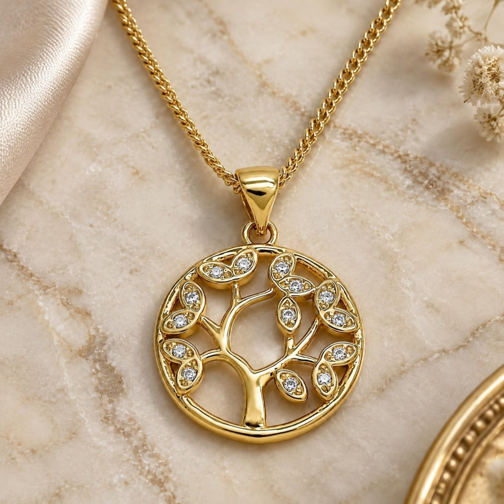 Oro Laminado Pendant Necklace, Gold Filled Style Tree Design, with White Micro Pave, Polished, Golden Finish