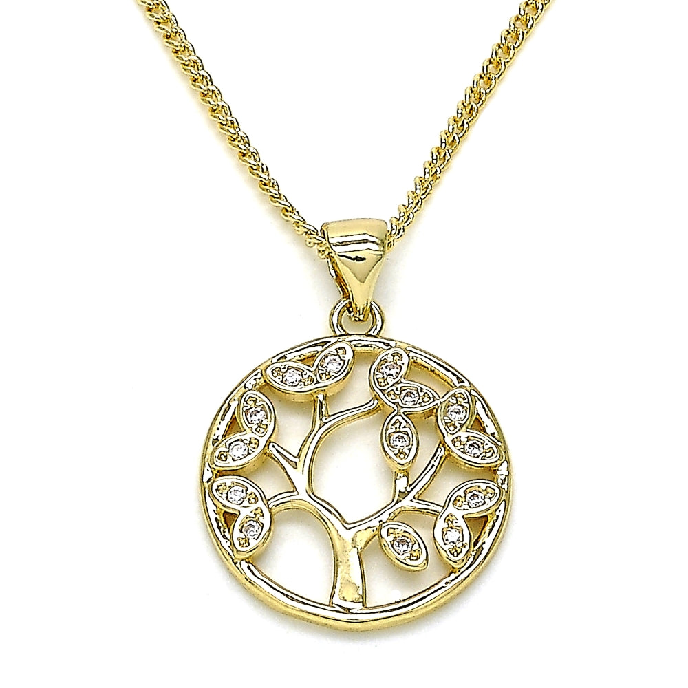Oro Laminado Pendant Necklace, Gold Filled Style Tree Design, with White Micro Pave, Polished, Golden Finish