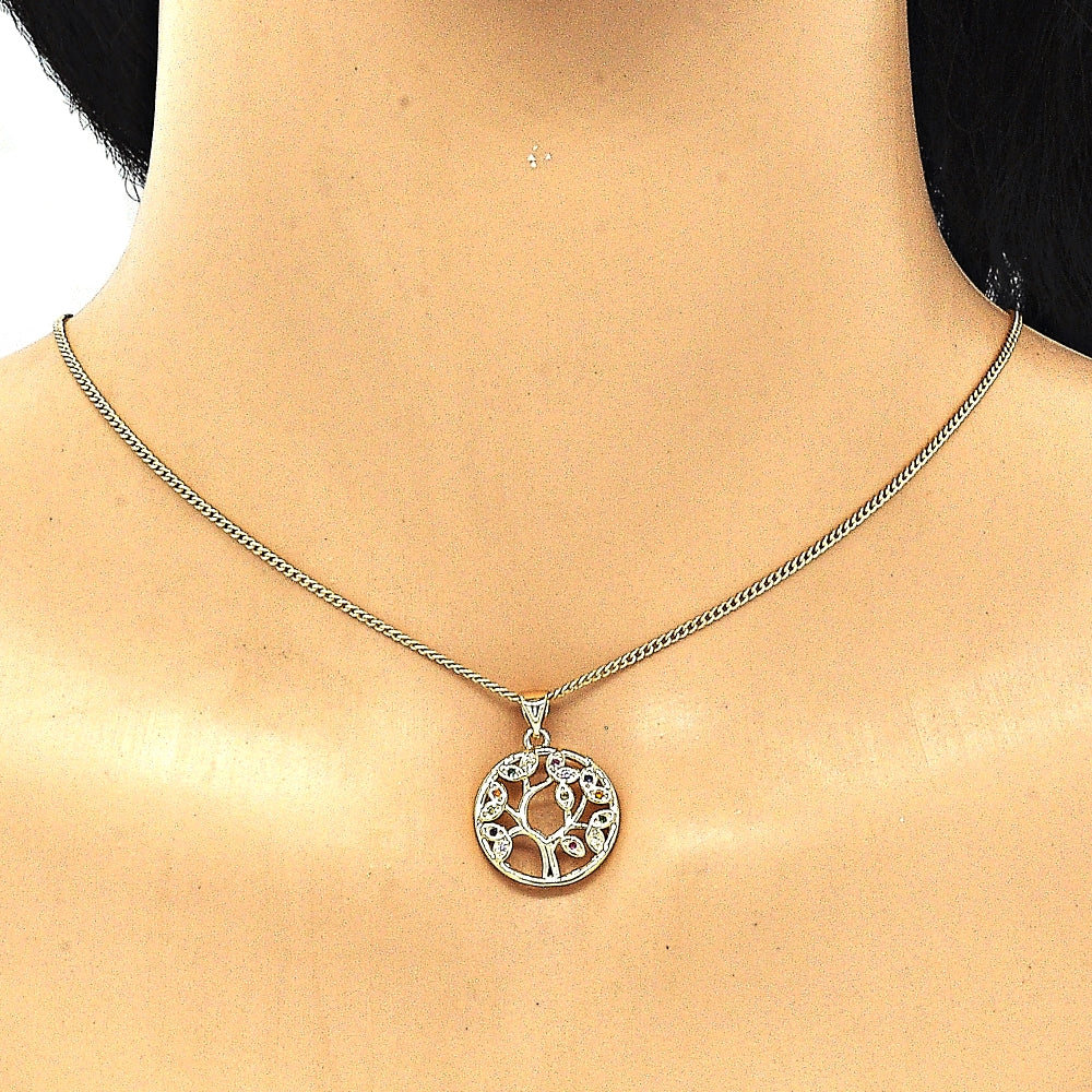 Oro Laminado Pendant Necklace, Gold Filled Style Tree Design, with Multicolor Micro Pave, Polished, Golden Finish