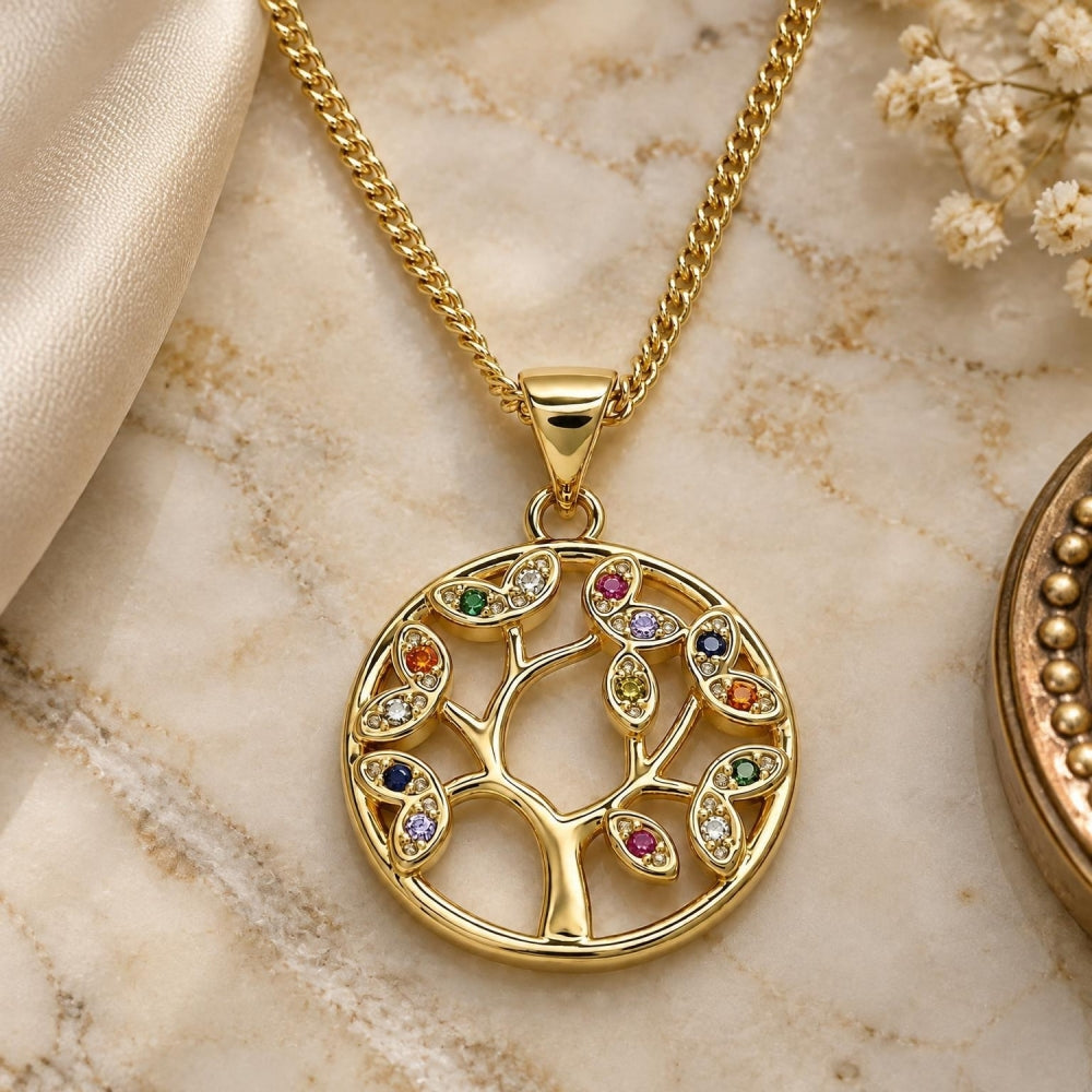 Oro Laminado Pendant Necklace, Gold Filled Style Tree Design, with Multicolor Micro Pave, Polished, Golden Finish