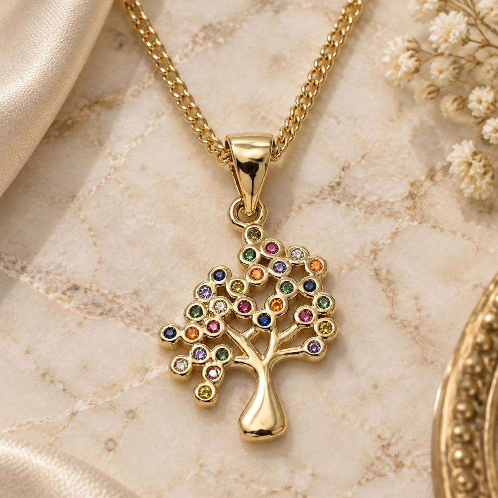 Oro Laminado Pendant Necklace, Gold Filled Style Tree Design, with Multicolor Micro Pave, Polished, Golden Finish