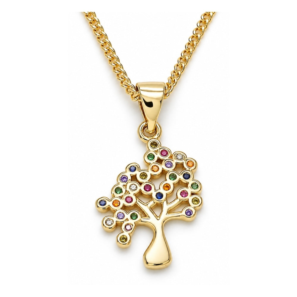Oro Laminado Pendant Necklace, Gold Filled Style Tree Design, with Multicolor Micro Pave, Polished, Golden Finish
