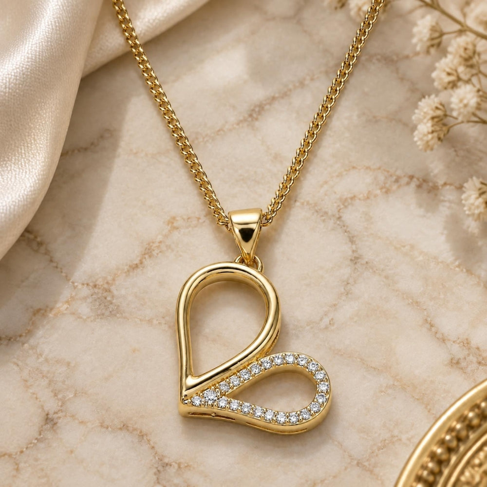 Oro Laminado Pendant Necklace, Gold Filled Style Heart Design, with White Micro Pave, Polished, Golden Finish