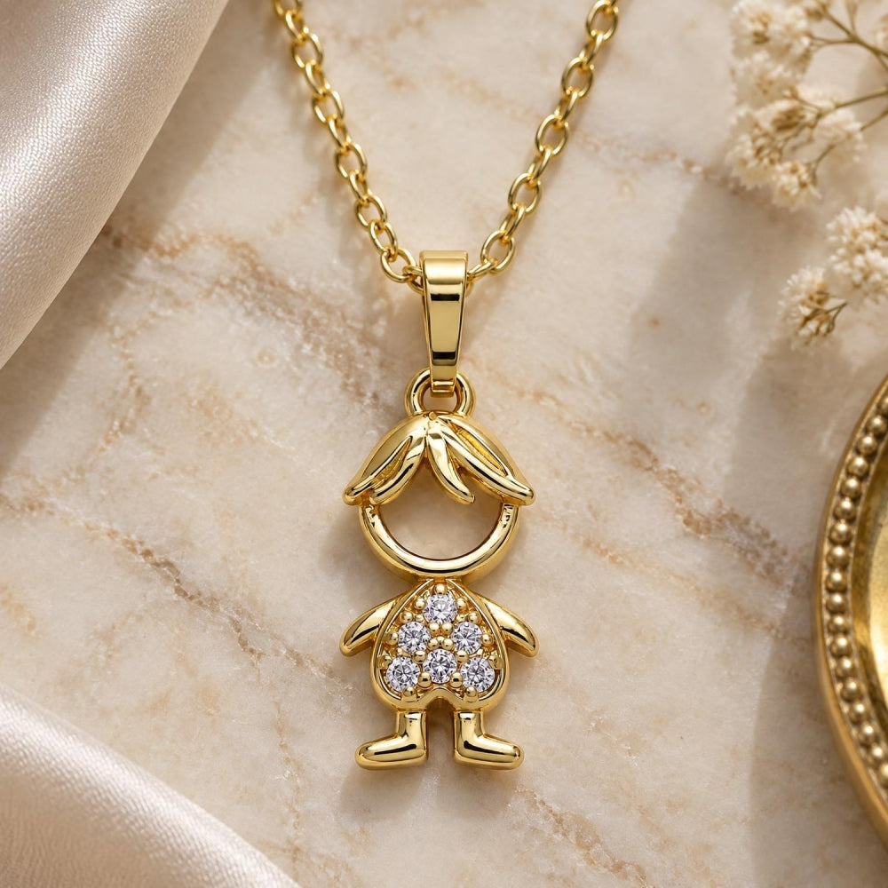 Oro Laminado Pendant Necklace, Gold Filled Style Little Boy Design, with White Micro Pave, Polished, Golden Finish