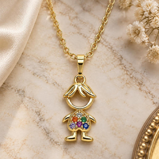 Oro Laminado Pendant Necklace, Gold Filled Style Little Boy Design, with Multicolor Micro Pave, Polished, Golden Finish