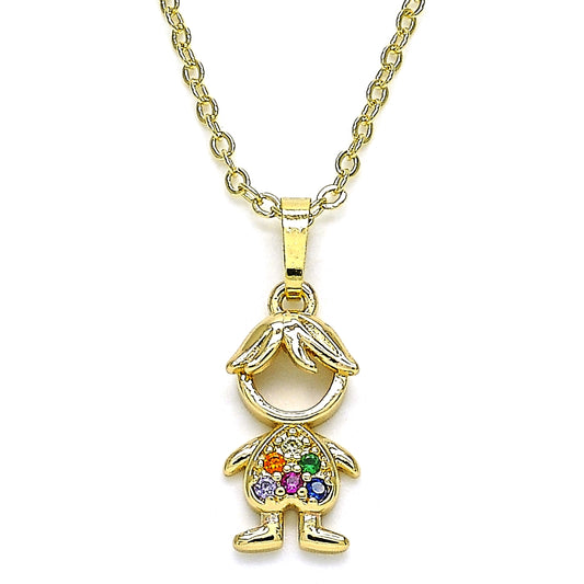 Oro Laminado Pendant Necklace, Gold Filled Style Little Boy Design, with Multicolor Micro Pave, Polished, Golden Finish
