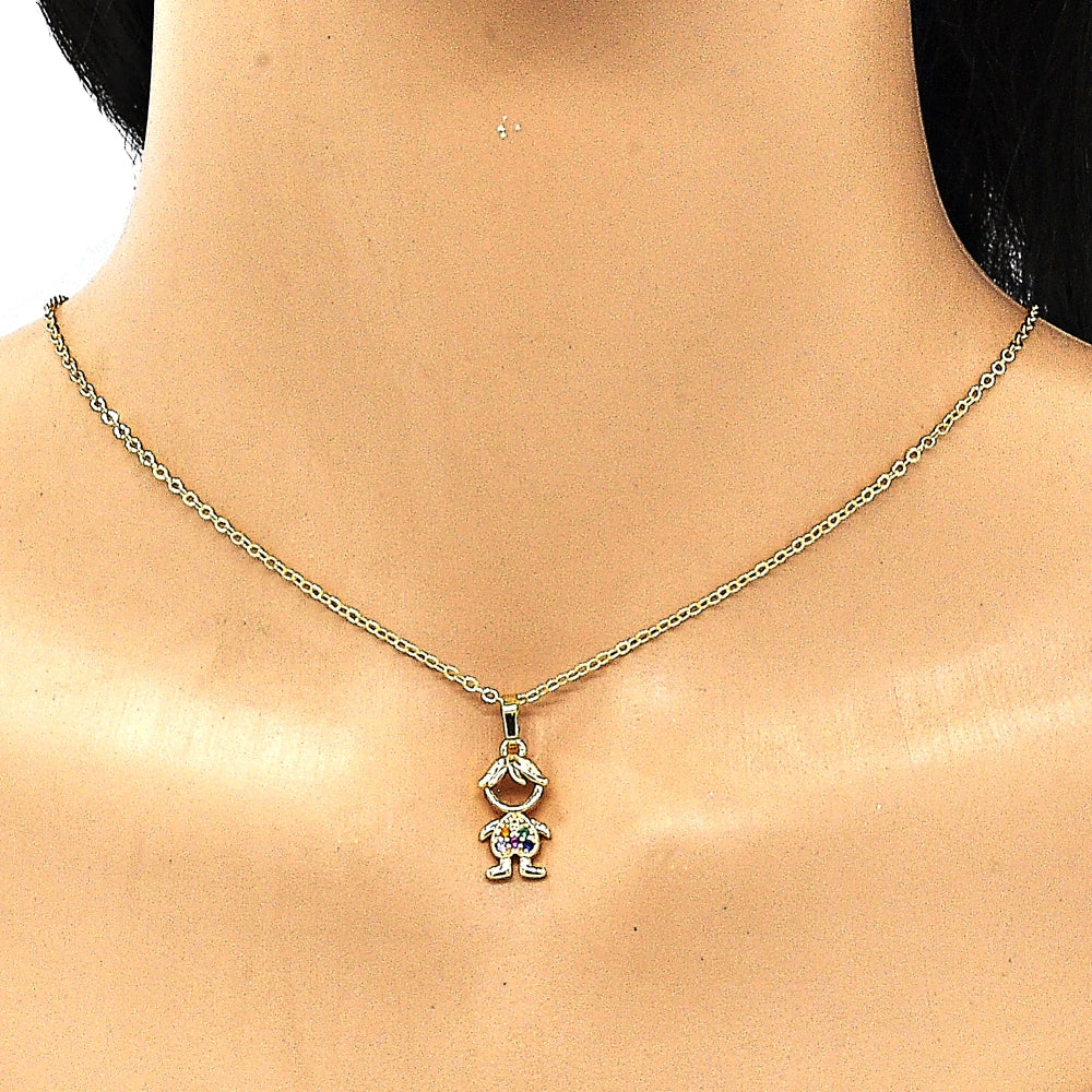 Oro Laminado Pendant Necklace, Gold Filled Style Little Girl Design, with Multicolor Micro Pave, Polished, Golden Finish
