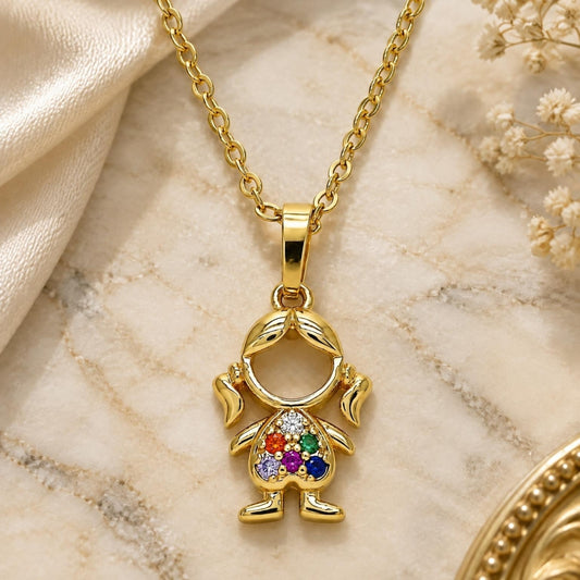 Oro Laminado Pendant Necklace, Gold Filled Style Little Girl Design, with Multicolor Micro Pave, Polished, Golden Finish