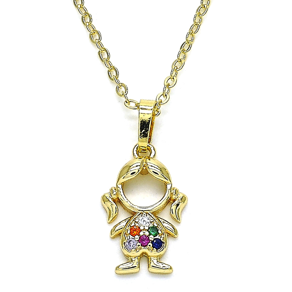 Oro Laminado Pendant Necklace, Gold Filled Style Little Girl Design, with Multicolor Micro Pave, Polished, Golden Finish