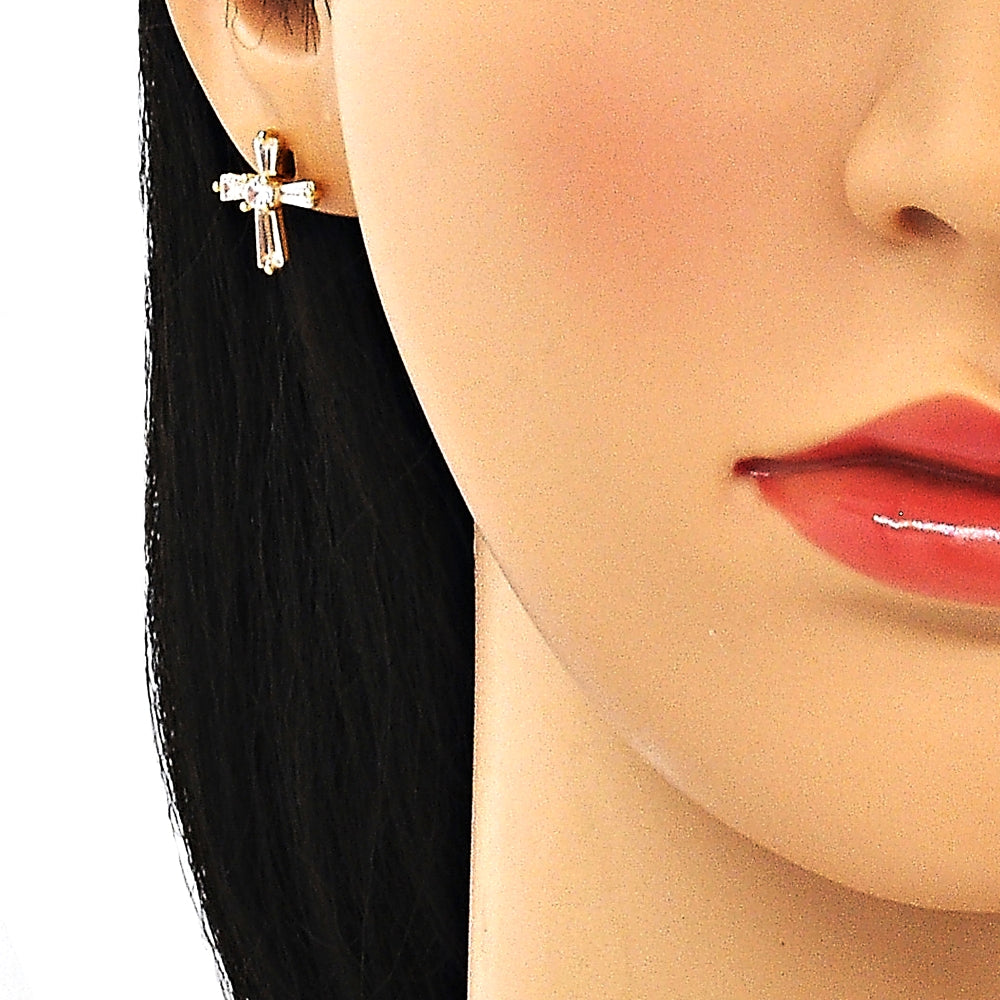 Oro Laminado Stud Earring, Gold Filled Style Cross and Baguette Design, with White Cubic Zirconia, Polished, Golden Finish