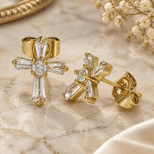 Oro Laminado Stud Earring, Gold Filled Style Cross and Baguette Design, with White Cubic Zirconia, Polished, Golden Finish