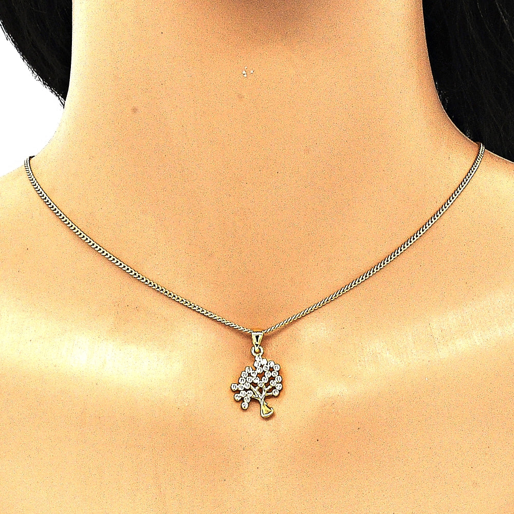 Oro Laminado Pendant Necklace, Gold Filled Style Tree Design, with White Micro Pave, Polished, Golden Finish
