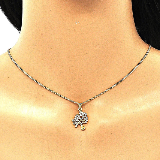 Oro Laminado Pendant Necklace, Gold Filled Style Tree Design, with White Micro Pave, Polished, Golden Finish