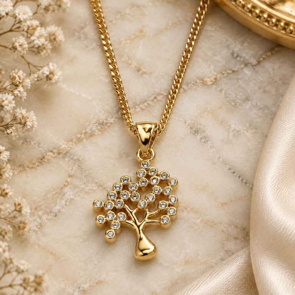 Oro Laminado Pendant Necklace, Gold Filled Style Tree Design, with White Micro Pave, Polished, Golden Finish