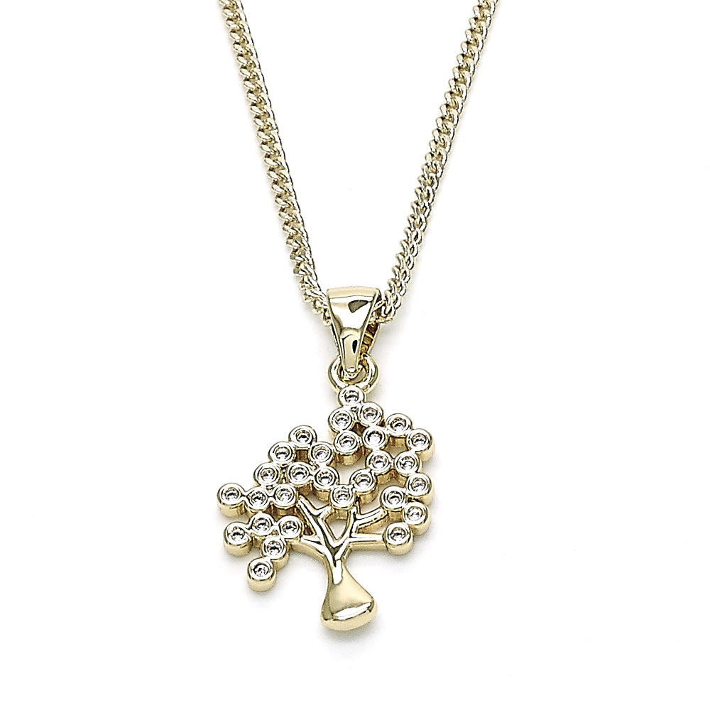 Oro Laminado Pendant Necklace, Gold Filled Style Tree Design, with White Micro Pave, Polished, Golden Finish