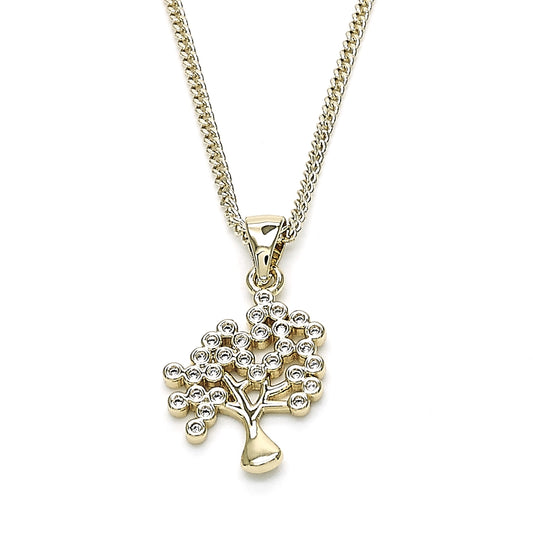 Oro Laminado Pendant Necklace, Gold Filled Style Tree Design, with White Micro Pave, Polished, Golden Finish