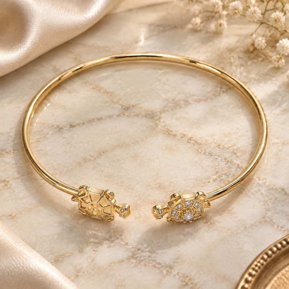 Oro Laminado Individual Bangle, Gold Filled Style Turtle Design, with White Micro Pave, Polished, Golden Finish