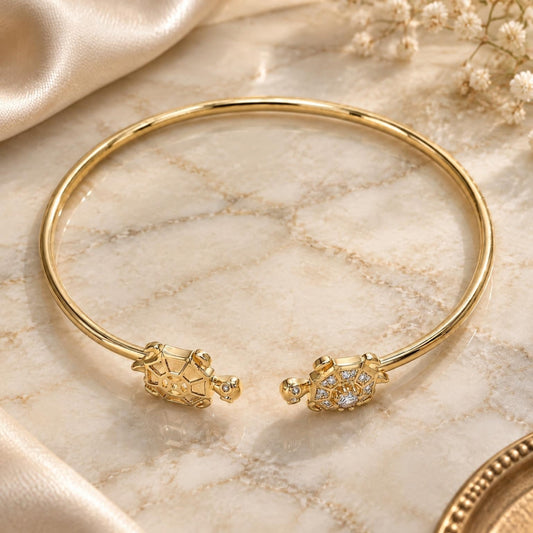 Oro Laminado Individual Bangle, Gold Filled Style Turtle Design, with White Micro Pave, Polished, Golden Finish
