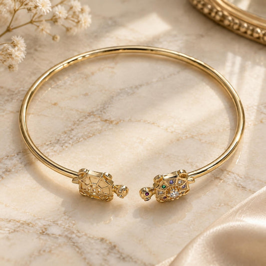 Oro Laminado Individual Bangle, Gold Filled Style Turtle Design, with Multicolor Micro Pave, Polished, Golden Finish