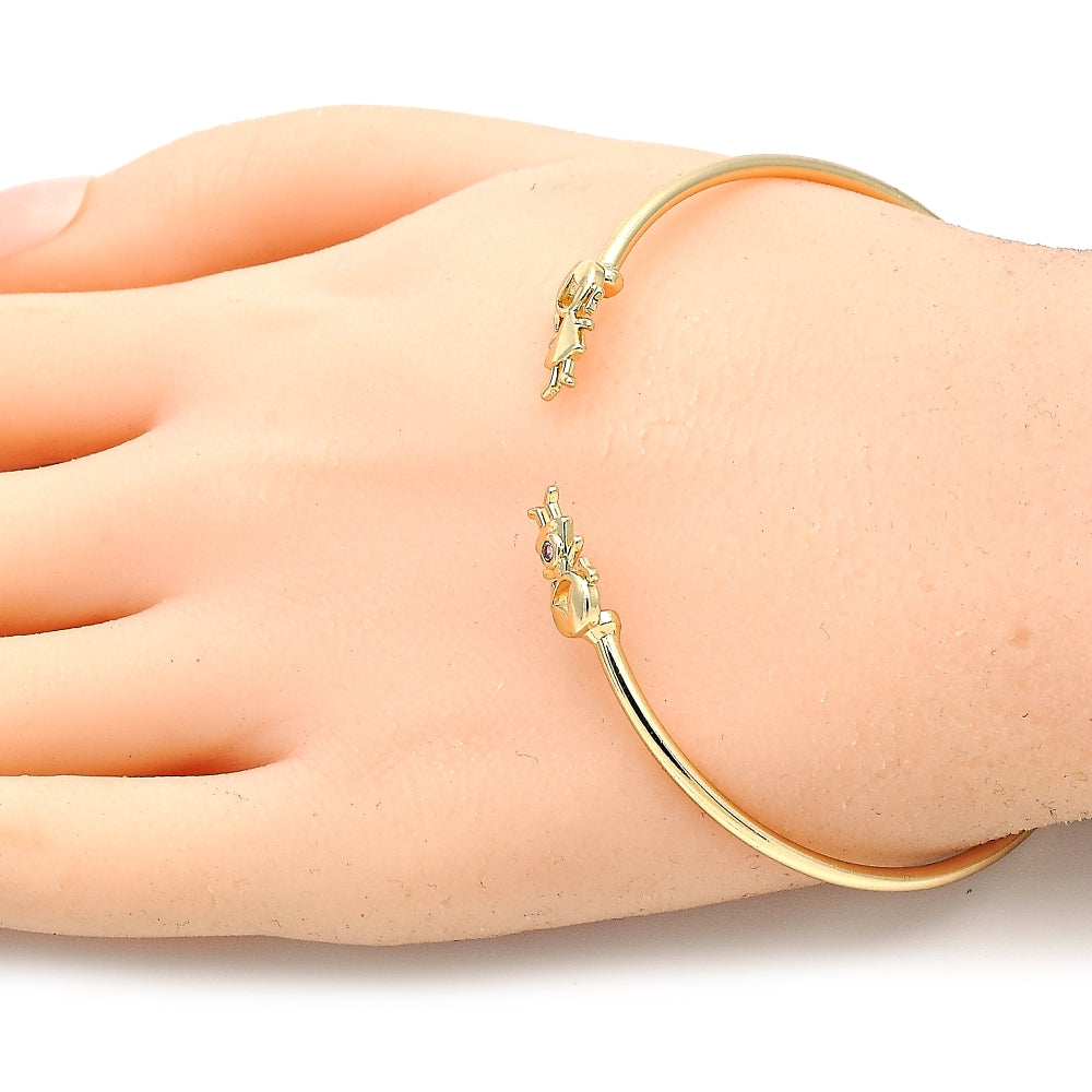 Oro Laminado Individual Bangle, Gold Filled Style Little Girl Design, with Pink Micro Pave, Polished, Golden Finish
