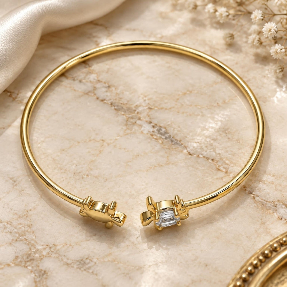 Oro Laminado Individual Bangle, Gold Filled Style Turtle Design, with White Micro Pave, Polished, Golden Finish