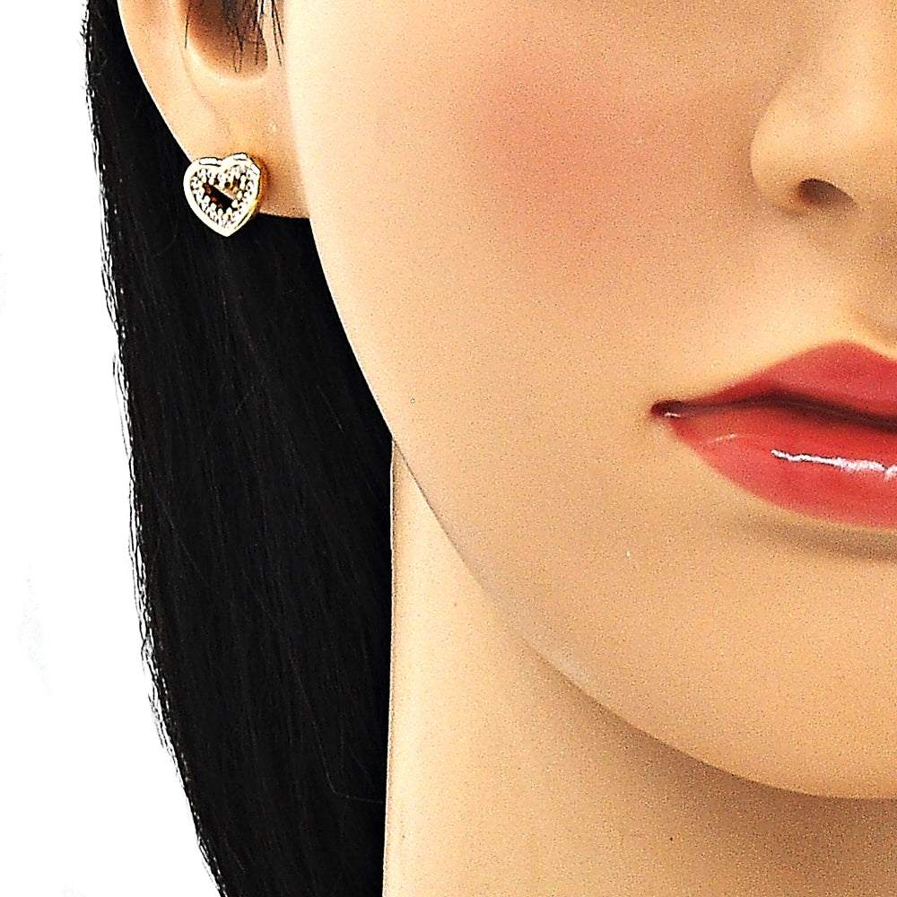 Oro Laminado Stud Earring, Gold Filled Style Heart Design, with White Micro Pave, Polished, Golden Finish