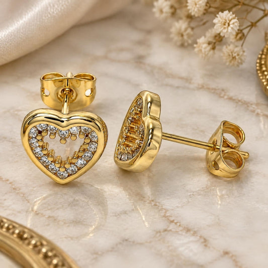 Oro Laminado Stud Earring, Gold Filled Style Heart Design, with White Micro Pave, Polished, Golden Finish